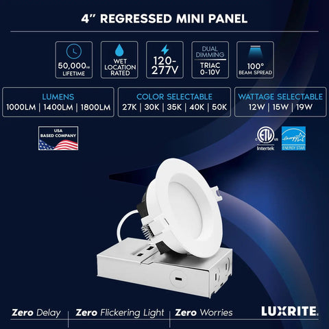 4 Inch Canless LED Recessed Lights With A Slick Flush Trim And Snug Ceiling Fit, 5CCT Adjustable Warm To Cool Glow, Dual Dimmable No Fuss Setup, Wet Rated ETL Certified 12 Pack with specifications.