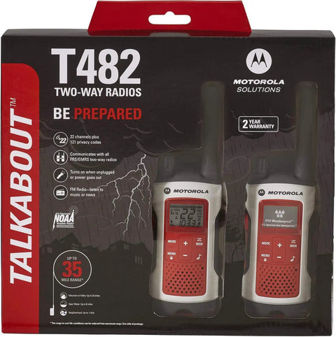 Two Way Radio Duo Pack For Outdoor Prepper Ready With 22 Channels And 35 Mile Range T482 Talkabout IP54 Weatherproof Rechargeable Built In Flashlight White And Red LEDs Red Cross Emergency Prep White With Red Accents 2 Pack