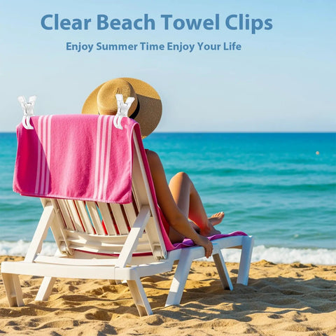 Beach scene with a woman in a sunhat on a recliner using clear beach towel clips to secure a pink towel.