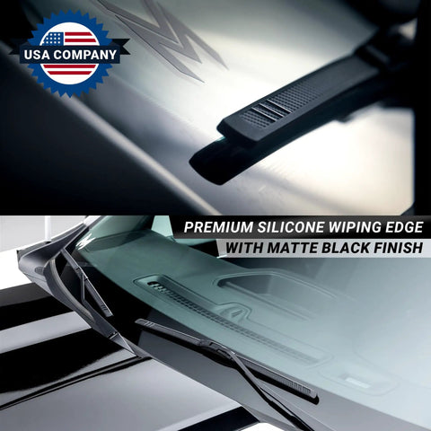 Hella Tough Silicone Windshield Wiper Blades Two Pack Front Driver And Passenger Zero Hassle Setup For J Hook Arm Mounts On American Cars Trucks And Suv All Season Grip showing premium silicone wiping edge with matte black finish.