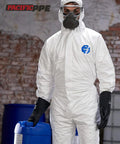 Person wearing white protective suit and Chemical Resistant Work Gloves Built To Take A Beating Heavy Duty Industrial Latex Rubber Gloves That Stand Up To Acids Alkalis Oils And Solvents Ergonomic 12.6 Inch Large Reusable 2 Pairs For Lab Shop Or Construction, holding a blue chemical container.