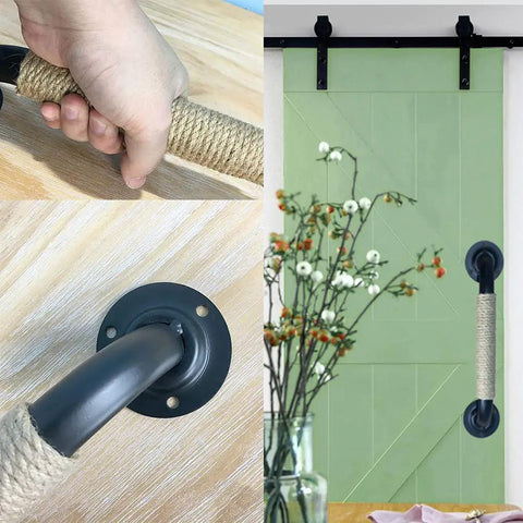 Industrial Style Wrought Iron Barn Door Handle Set With Hemp Rope Accents Dope Look Durable Black Cabinet Pulls And Door Levers