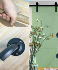 Industrial Style Wrought Iron Cabinet And Barn Door Handles With Hemp Rope Pulls on green door and wood surface.