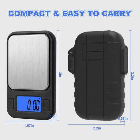 Ultra Precise 200G Milligram Scale With 0.01G Readout, Handy Pocket Digital Scale With Storage Case, 8 Units, Black, shown with dimensions