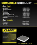 Image showing compatible models list for Carory activated carbon cabin air filter for Ford and Lincoln SUVs.