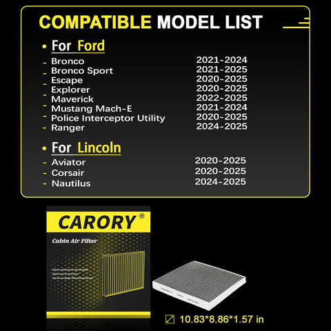 Image showing compatible models list for Carory activated carbon cabin air filter for Ford and Lincoln SUVs.