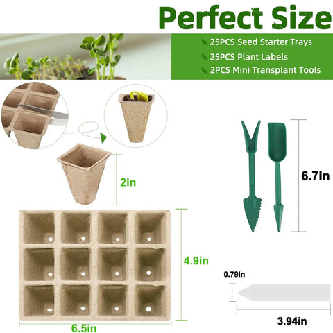 Diagram of 300 Cell Seed Starter Tray Kit With Biodegradable Peat Pots For Seedlings No Mess 25 Trays With Drain Holes and tools.