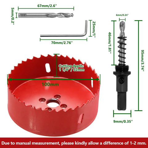 100mm 4 Hole Saw Set With 1.4 Inch Cutting Depth Bi Metal HSS Hole Cutter For Wood Plastic Drywall And Metal Includes Drill Bits And Allen Wrench