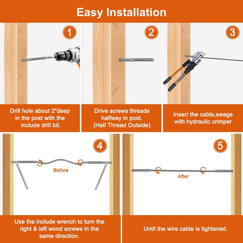 Installation guide for Heavy Duty Swage Lag Screws For Cable Railing 80 Pack One Eighth Inch Cable Railing Hardware Kit T316