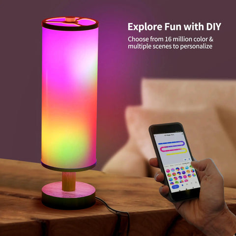 Smart RGB Table Lamp With Dimmable Warm To Cool White Light Remote And App Control Alexa Compatible Nightstand Lamp For Bedroom And Living Room Color Changing Desk Light For Reading Working And Home Decor, shown with app control and colorful lighting on a table.