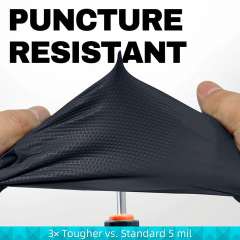 Demonstration of 8 Mil Nitrile Disposable Gloves' puncture resistance and diamond texture by stretching over a tool, black color.