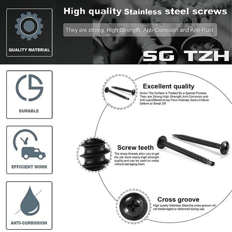 Top Tier Number 8 By Half Inch Sheet Metal Screws With Truss Heads 100 Pack Of 410 Stainless Steel Fast Self Tapping Bolts In Black Oxide Finish, showcasing design features.