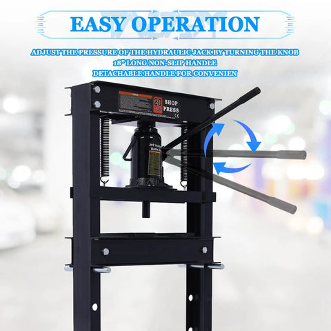 Heavy Duty 20 Ton Hydraulic Shop Press With Adjustable H Frame And Steel Press Plates Floor Mounted Bearing Press showing easy operation features and detachable handle.