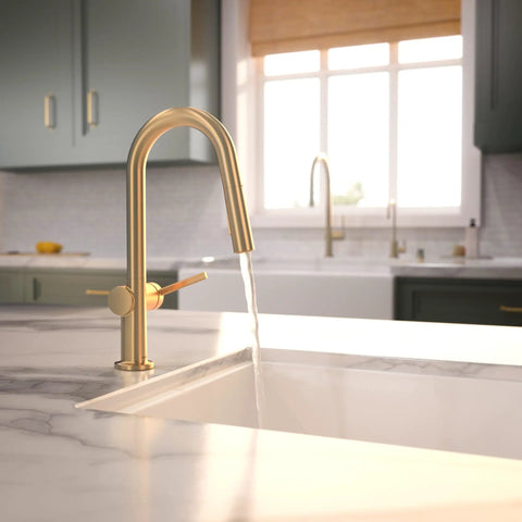 hansgrohe Talis N Pull Down Kitchen Faucet, Modern, Magnetic Hand Sprayer, 1-Handle, 1.75 GPM, Brushed Bronze, 72866141 pouring water from sink