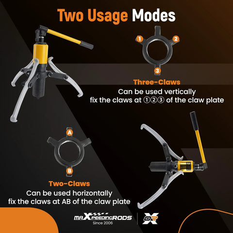Diagram showing 20T Hydraulic Gear Puller Kit With 2 Or 3 Jaw Puller setup for different usage modes, vertical and horizontal.