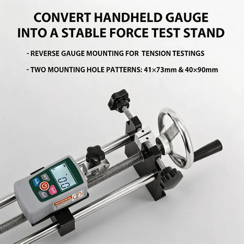 Pro Grade All In One 500N Digital Force Gauge And Manual Test Stand Kit With Push Pull Load Gauge Four Unit Readouts N Lb Kg Oz 250mm Stroke Test Clamp For Tension Tests In Lab School Industry mounted reverse gauge on force test stand