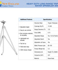Beefy Tripod Sprinkler With 125 Ft Coverage 360 Degree Range Adjustable Height 48 To 72 Inches details chart and image