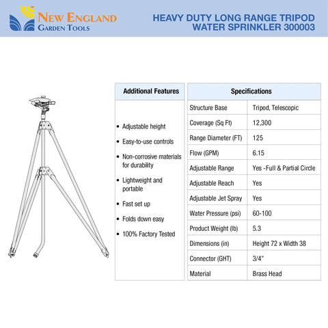 Beefy Tripod Sprinkler With 125 Ft Coverage 360 Degree Range Adjustable Height 48 To 72 Inches details chart and image