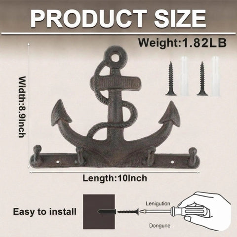 Badass Vintage Vibes 10 Inch Cast Iron Nautical Anchor Hook for Heavy Duty Wall Storage showing size details and installation.