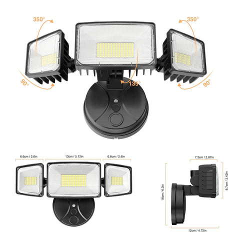Heavy Duty 100W LED Flood Lights Outdoor Serving Nasty 11000 Lumens With Three Swiveling Heads Switch Activated IP65 Sealed Weatherproof Daylight Optics For Yard Garage Patio And Roof Eaves
