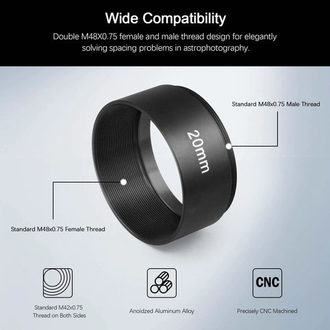 Extension Tube Kit With M48x0.75 Threads On Both Sides For Astrophotography, 20mm Spacer, Anodized Aluminum, CNC Machined