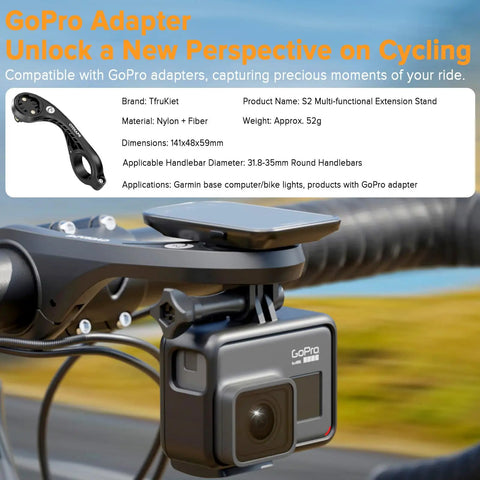 GoPro adapter mounted on bike handlebars, compatible with Garmin and GoPro devices, showcasing cycling perspective enhancement.