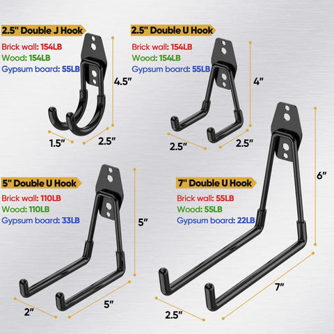 Heavy Duty Garage Hooks Kit, 12 Pack Steel Wall Mount Hangers For Ladders, Bikes, Tools And Other Bulky Gear, Rust Resistant Coated