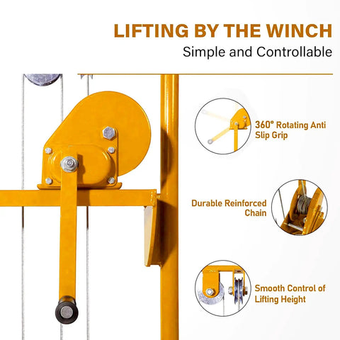 Heavy Duty Manual Pallet Stacker With Rock Solid Winch System Designed For Narrow Aisles And No Sweat Lifting Of Heavy Crates Up To 330 Pounds close-up of winch mechanism and controls.