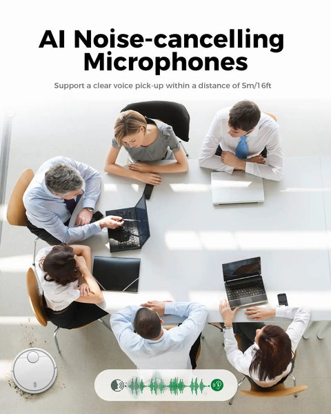 AI Noise-cancelling Microphones in use during a meeting with five professionals at a conference table.