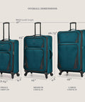 Three blue Aviron Bay Expandable Softside Carry On Luggage With Spinner Wheels For 1 To 3 Day Trips Black 23 Inch Durable 600D Polyester, shown in varying sizes with measurements.