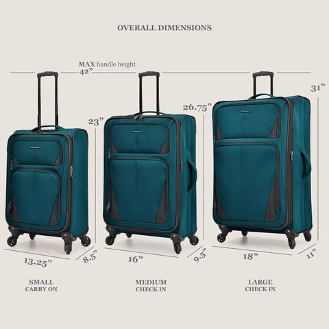 Three blue Aviron Bay Expandable Softside Carry On Luggage With Spinner Wheels For 1 To 3 Day Trips Black 23 Inch Durable 600D Polyester, shown in varying sizes with measurements.