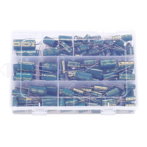 Aluminum Electrolytic Capacitor Kit, 135 Pieces in 19 Values, clear storage box for DIY electronics