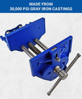 Rapid Action 9-Inch Woodworking Vise With Quick Release Lever showcasing heavy duty cast iron build and chrome T-bar handle.