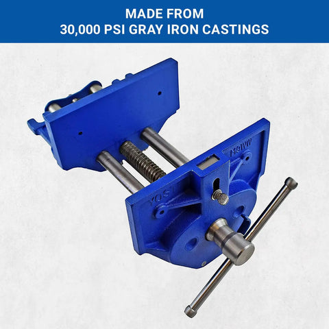 Rapid Action 9-Inch Woodworking Vise With Quick Release Lever showcasing heavy duty cast iron build and chrome T-bar handle.