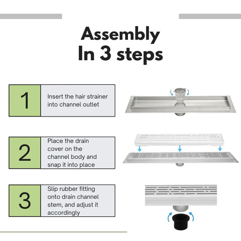 Assembly instructions for Built Like A Tank Extra Thick Six Gauge Stainless Steel Linear Shower Drain Kit including hair strainer and channel.