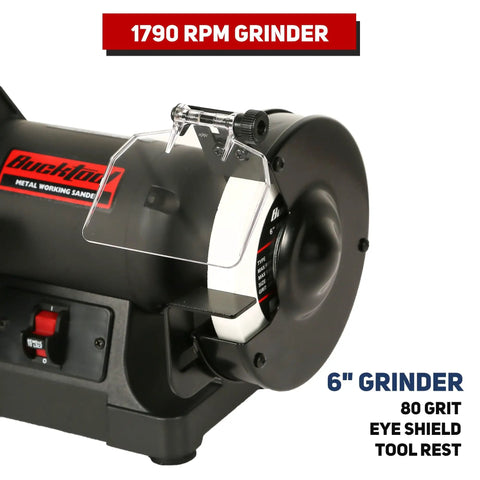 Hardcore Low Speed Bench Grinder Combines One By Thirty Inch Sanding Belt With Six Inch Finishing Disc For Precision Metalwork Knife Crafting And Tool Fix Ups Smooth Handling Shop Beast with eye shield and 80 grit disc.