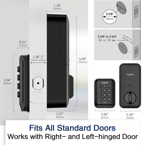 Keyless Entry Door Lock With Electronic Keypad Deadbolt Auto Lock Hassle Free Quick Install And Program Battery Backup For Front Door Garage Back Side And Bedroom Black No More Keys Secure Access For Your Home, shown from side and front views with installation dimensions.