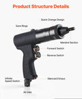 Heavy Duty Pneumatic Rivet Nut Gun Kit With Quick Swap Heads And 20 Mandrels For Auto Repair, Build Rigs Strong On The Job Shop, Fast Install, Industrial Grade Power That Never Slaps. side view with air inlet and switches