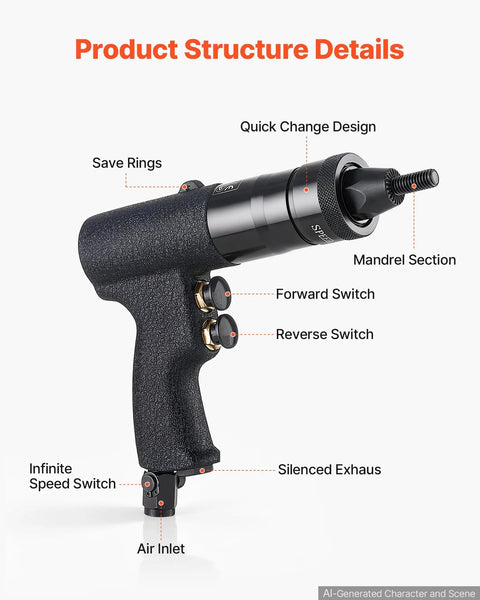 Heavy Duty Pneumatic Rivet Nut Gun Kit With Quick Swap Heads And 20 Mandrels For Auto Repair, Build Rigs Strong On The Job Shop, Fast Install, Industrial Grade Power That Never Slaps. side view with air inlet and switches