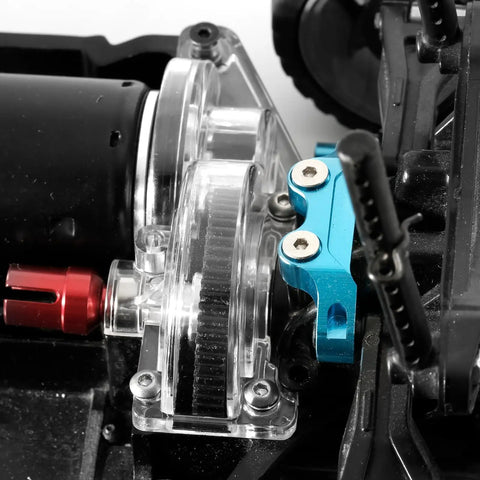 Transparent Spur Gear Covers For 1X10 RC Car TT02 installed, showing clear plastic gearbox case and main gear guard on TT02 chassis