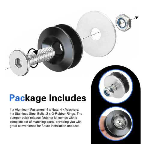 Aluminum Bumper Quick Release Clips Kit 18 Piece Easy Install Universal Fasteners For Front And Rear Bumpers Trunks Fenders Hatches And Hoods With Rubber Gaskets Black showing package contents.