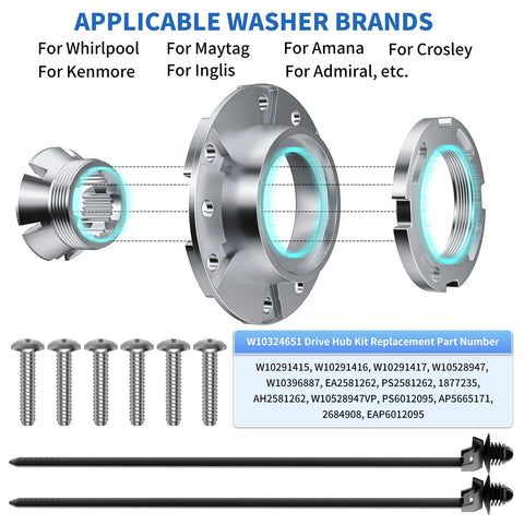 Beefy Washer Drive Hub Replacement W10324651 Ba With TB123A Spanner Wrench All Metal Drum Mounting Hub For Whirlpool WTW5000DW3 DW2 MVWX655DW1 And Other Compatible Models, metal washer drive hub kit with screws