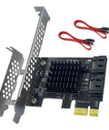 PCIe X1 To SATA 3.0 Expansion Card, 2 Port High Speed Controller, Hot Swappable, Supports 2.5 And 3.5 Inch SSD Or HDD, Works With Windows Mac Linux And Beyond; black PCB with heatsink, low-profile bracket, and red SATA cables