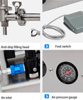 Heavy Duty Horizontal Pneumatic Liquid Filling Machine Automatic Single Head Bottle Filler features anti-drip head, foot switch, air inlet, pressure gauge.