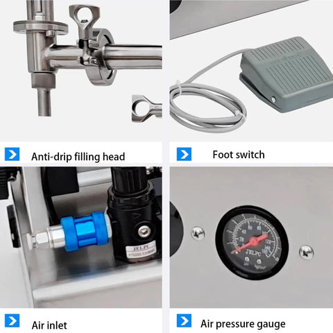 Heavy Duty Horizontal Pneumatic Liquid Filling Machine Automatic Single Head Bottle Filler features anti-drip head, foot switch, air inlet, pressure gauge.