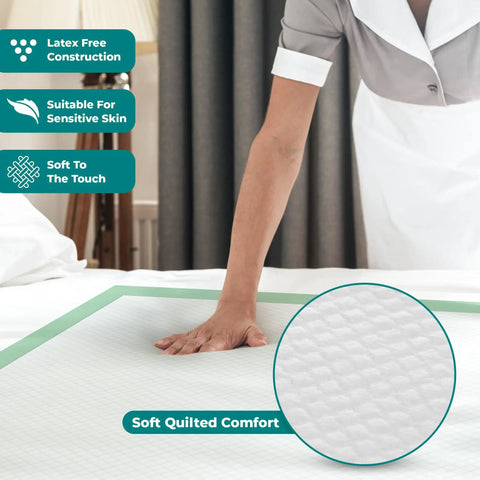 Close-up of hand testing Heavy Duty Disposable Adult Bed Pads Super Absorbent Extra Large Incontinence And Pet Care No Sweat Worry Free Leak Seal Protection Top Shelf 50 Count Bundle.