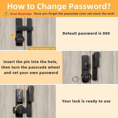 Instructions for changing password on Keyless Barn Door Lock With 180 Degree Flip Latch 3 Digit Password Sliding Gate Lock.