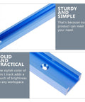 Multifunctional Aluminum T Track Slot Guide for precise woodworking with blue finish and drilled holes, close-up view.
