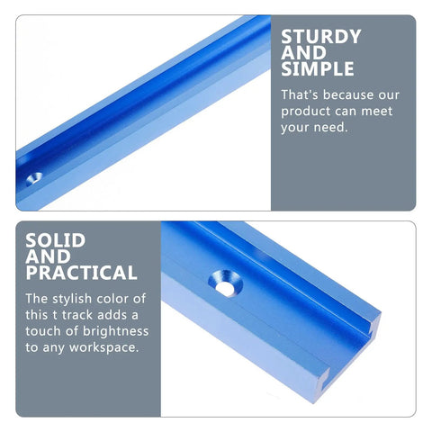 Multifunctional Aluminum T Track Slot Guide for precise woodworking with blue finish and drilled holes, close-up view.