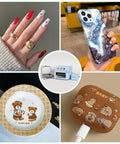 Collage featuring phone case, manicure, bear-themed plate, bear graphic charger; Pro Grade 3D Vacuum Sublimation Tray and Pump Set for 25 L Sublimation Oven